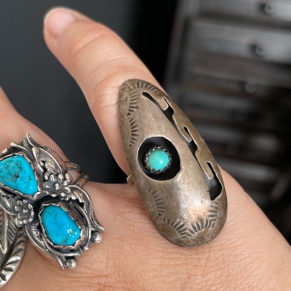 Vintage sterling silver Signed Turquoise Shadow Box Ring - Picture 5 of 12